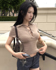 Hydrae Lace-Up Polo Collar Short Sleeve Slim Fit Top