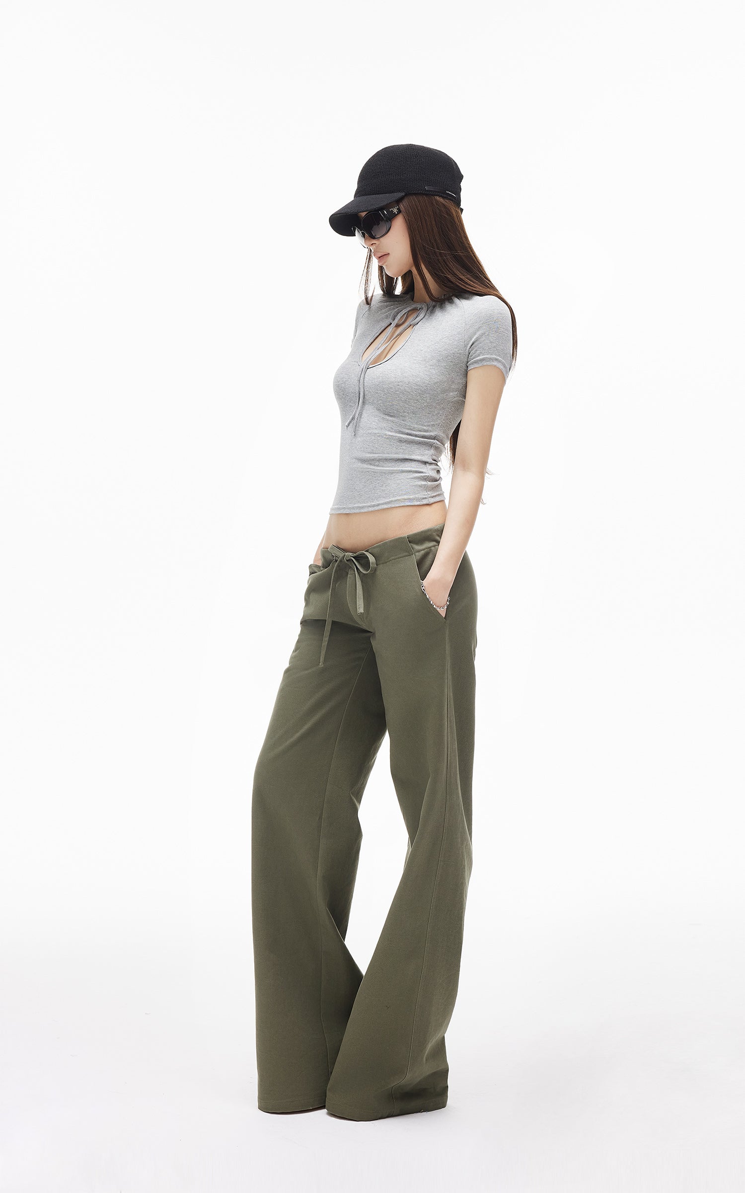 IAMXIAA Pantalon large à cordon taille basse