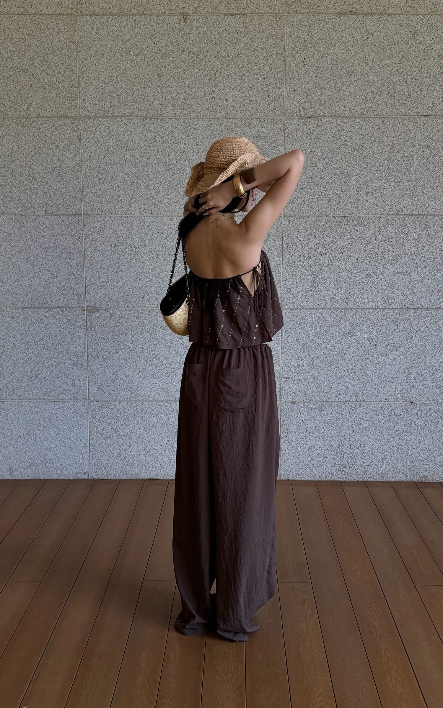 ROVENTE Brown Drawstring Wide-Leg Pants