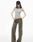 IAMXIAA Pantalon large à cordon taille basse