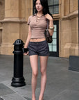Hydrae Lace-Up Polo Collar Short Sleeve Slim Fit Top