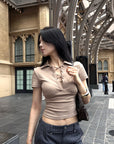 Hydrae Lace-Up Polo Collar Short Sleeve Slim Fit Top