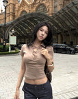 Hydrae Lace-Up Polo Collar Short Sleeve Slim Fit Top