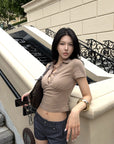 Hydrae Lace-Up Polo Collar Short Sleeve Slim Fit Top