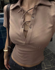 Hydrae Lace-Up Polo Collar Short Sleeve Slim Fit Top