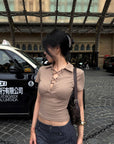Hydrae Lace-Up Polo Collar Short Sleeve Slim Fit Top