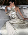 ROVENTE Sequin Halter Chiffon Maxi Dress