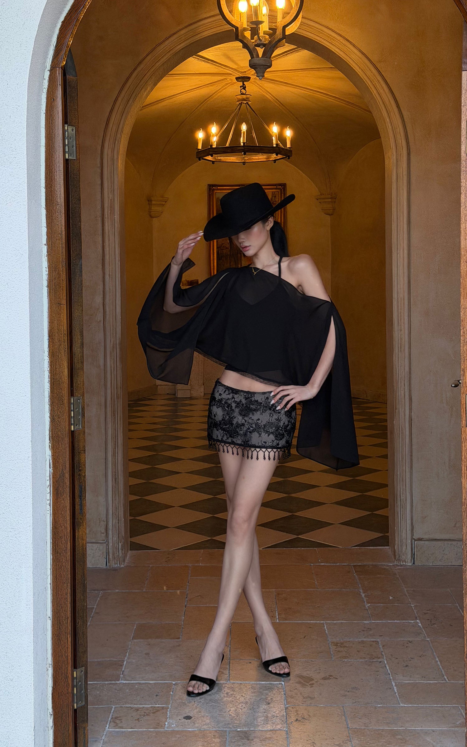 ROVENTE Sheer Draped Two-Piece Set Top and Skirt
