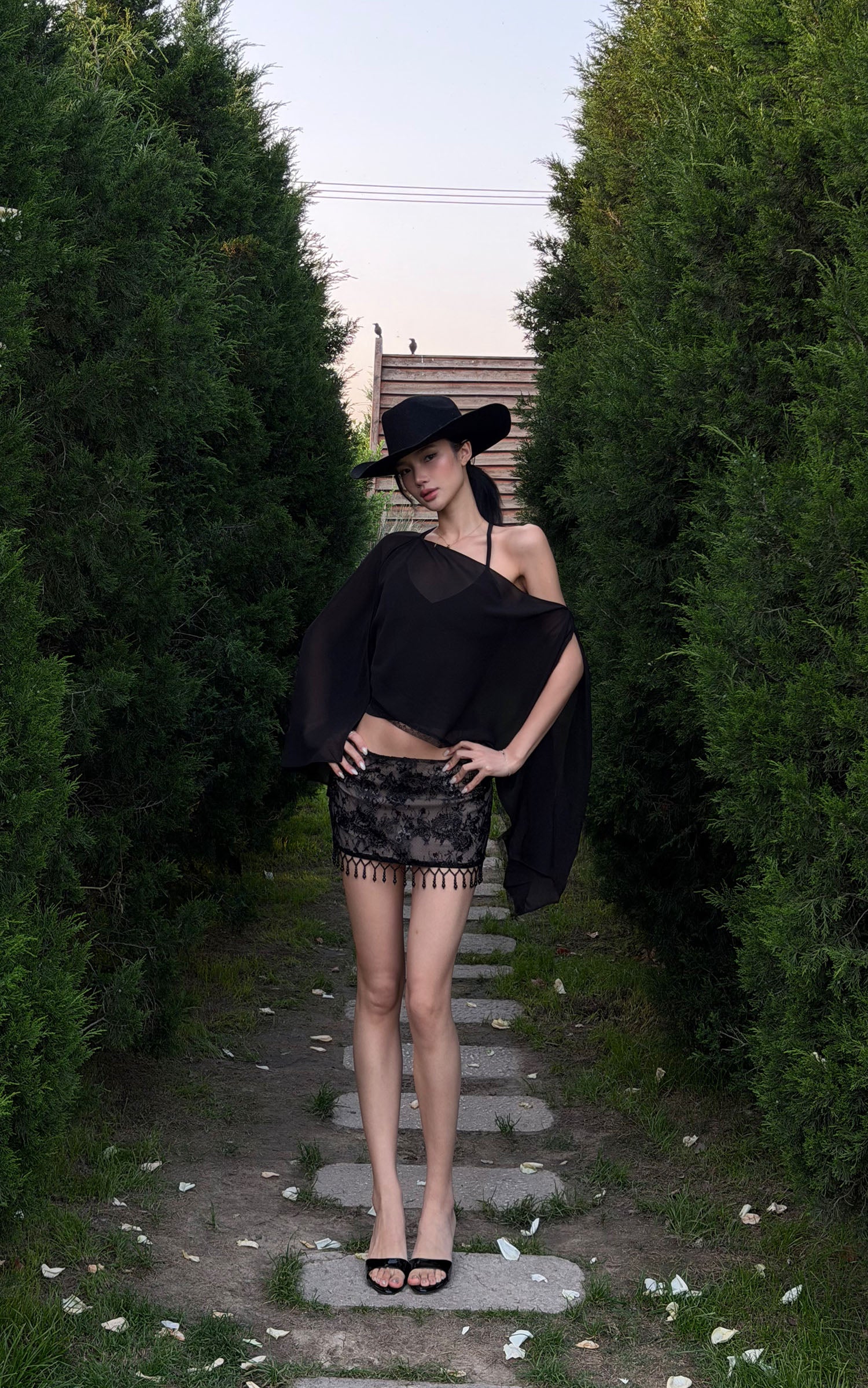 ROVENTE Sheer Draped Two-Piece Set Top and Skirt