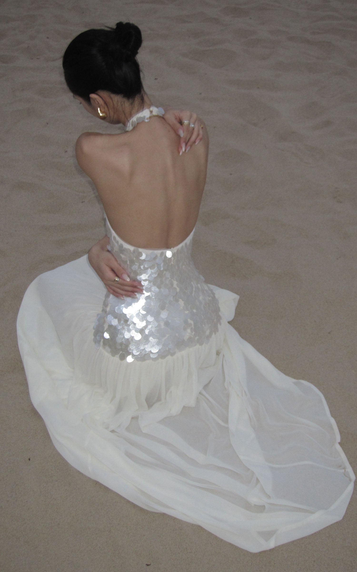 ROVENTE Sequin Halter Chiffon Maxi Dress