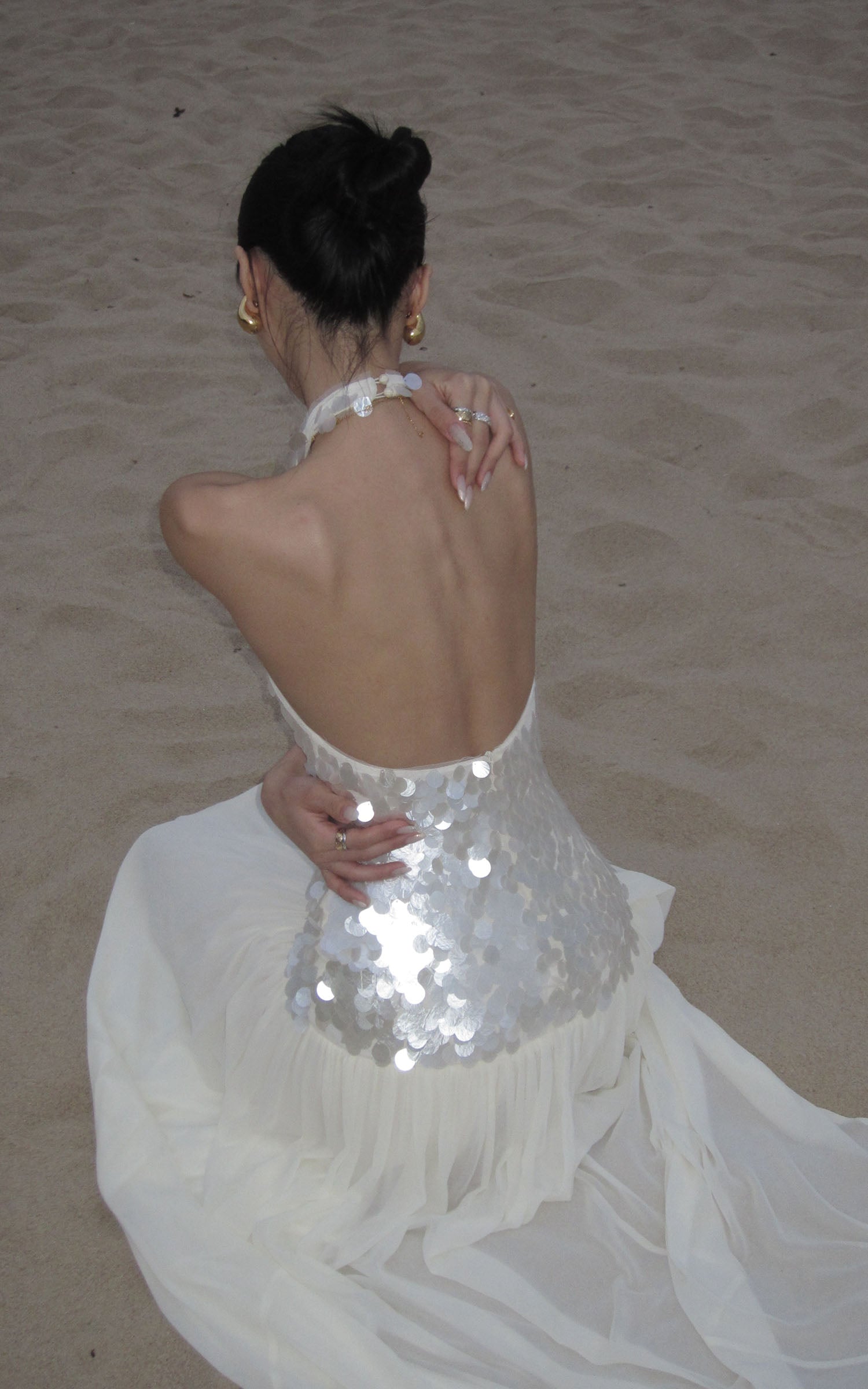 ROVENTE Sequin Halter Chiffon Maxi Dress