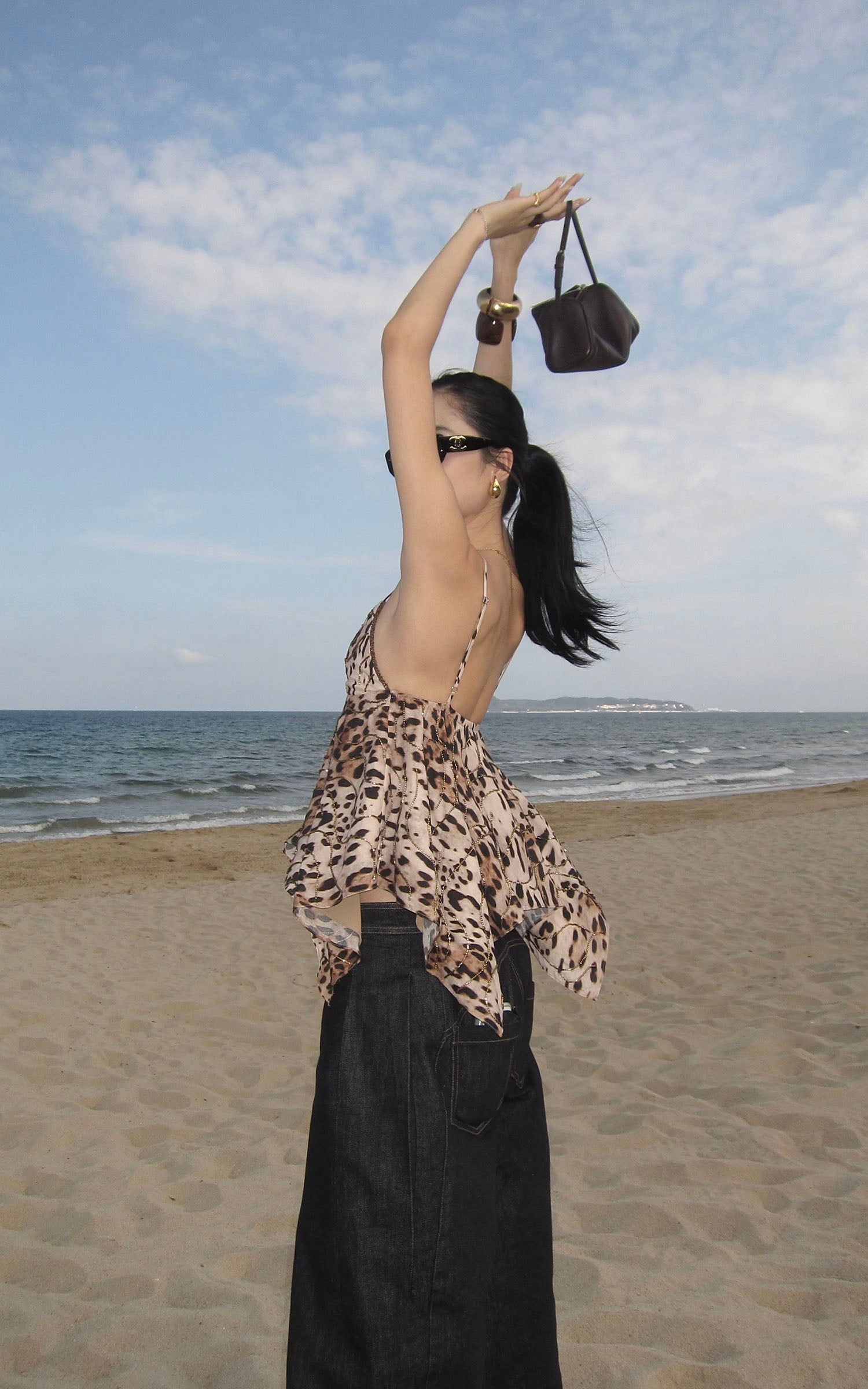 ROVENTE Leopard Beaded Handkerchief Camisole Top