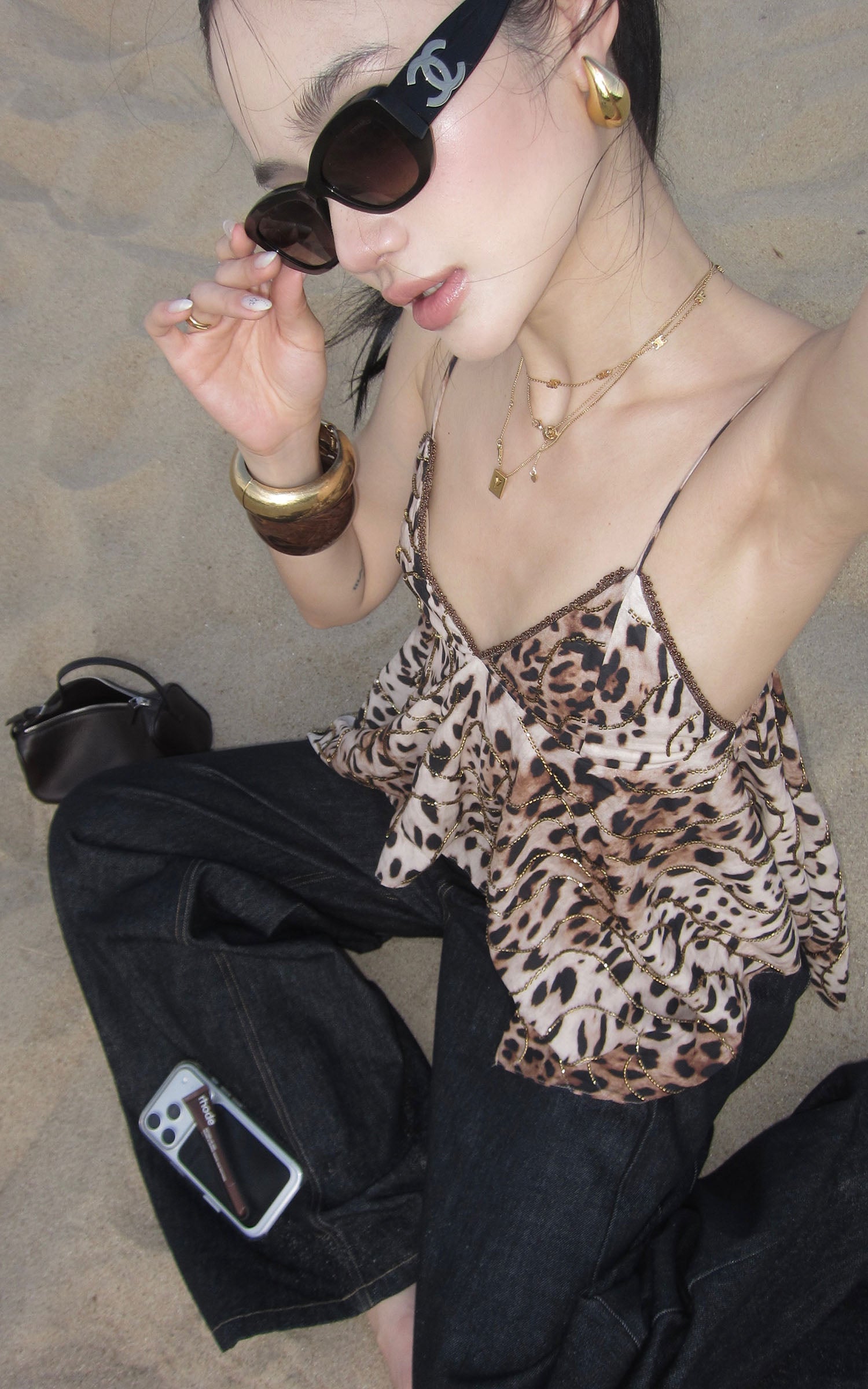 ROVENTE Leopard Beaded Handkerchief Camisole Top