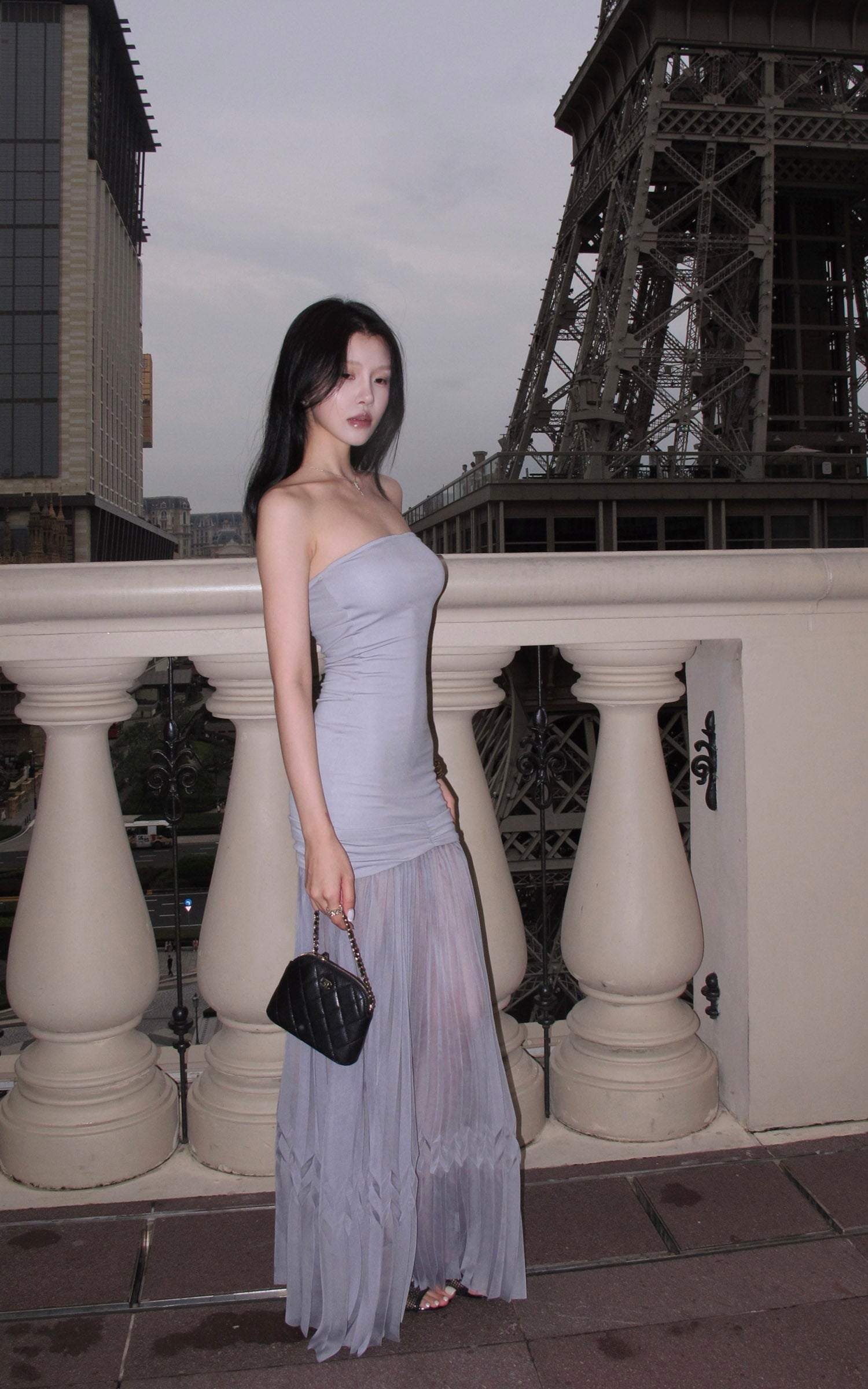 Hydrae Strapless Ruched Pleated Mesh Maxi Dress