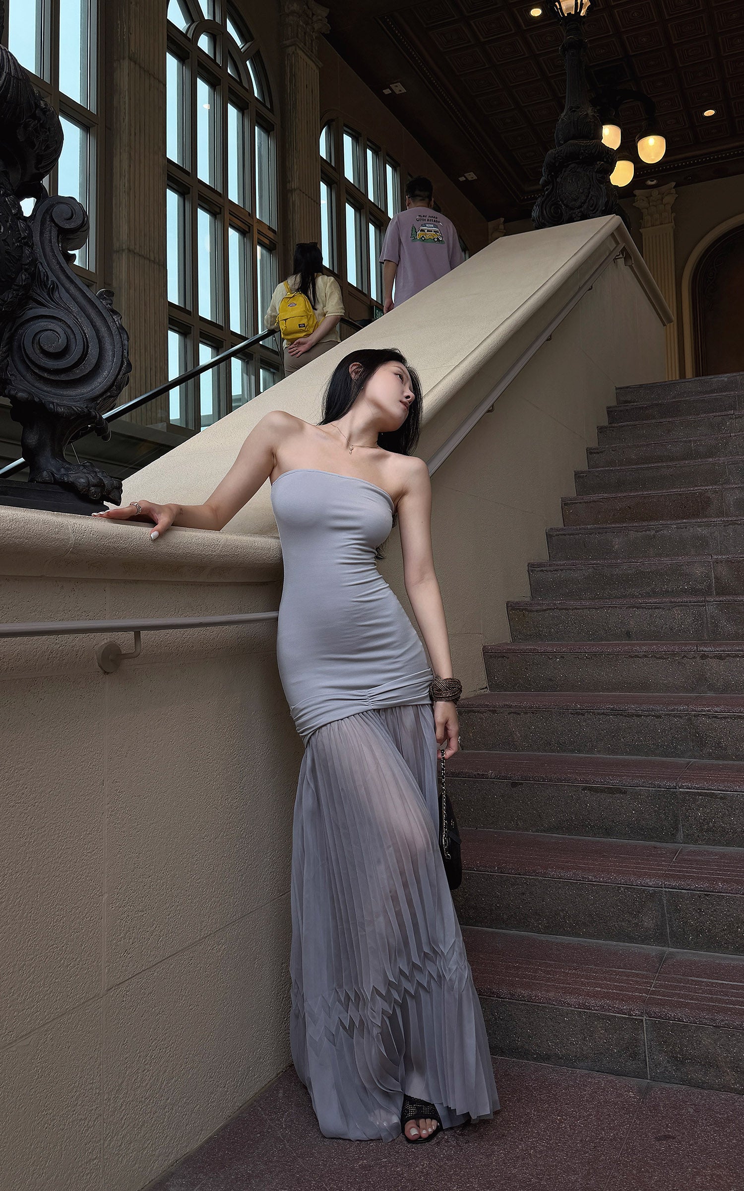 Hydrae Strapless Ruched Pleated Mesh Maxi Dress