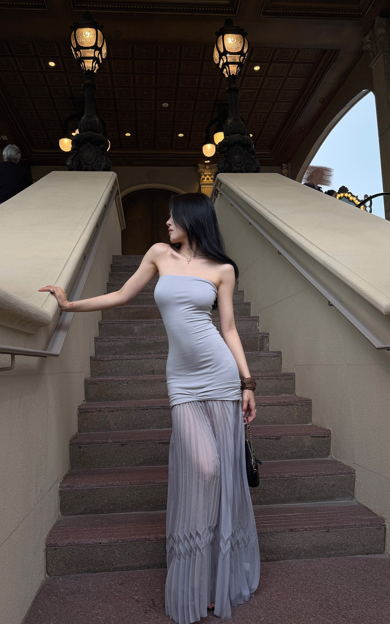 Hydrae Strapless Ruched Pleated Mesh Maxi Dress