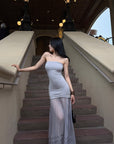 Hydrae Strapless Ruched Pleated Mesh Maxi Dress