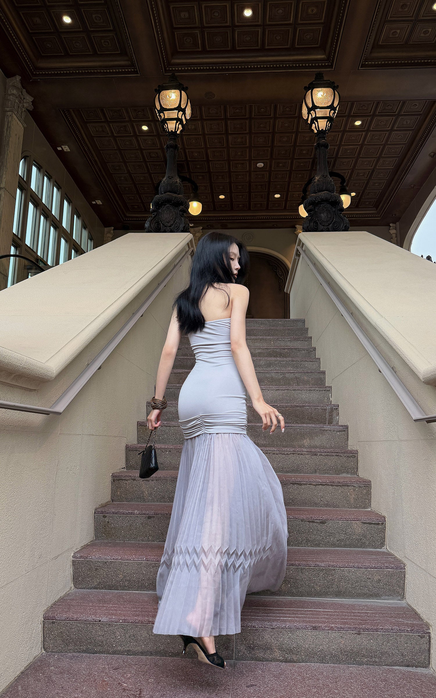 Hydrae Strapless Ruched Pleated Mesh Maxi Dress