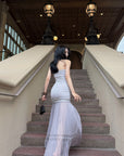 Hydrae Strapless Ruched Pleated Mesh Maxi Dress