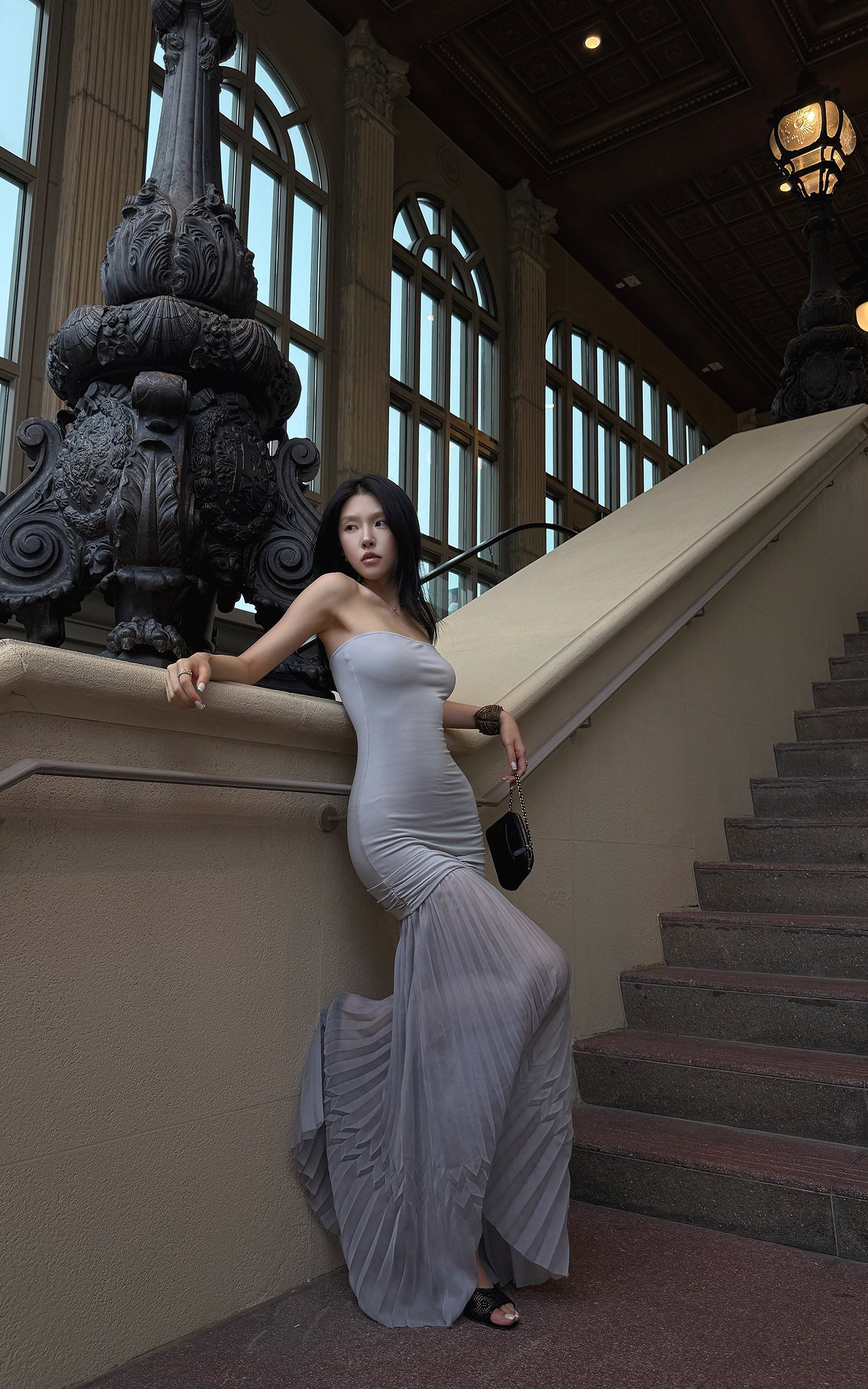 Hydrae Strapless Ruched Pleated Mesh Maxi Dress