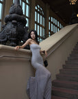 Hydrae Strapless Ruched Pleated Mesh Maxi Dress