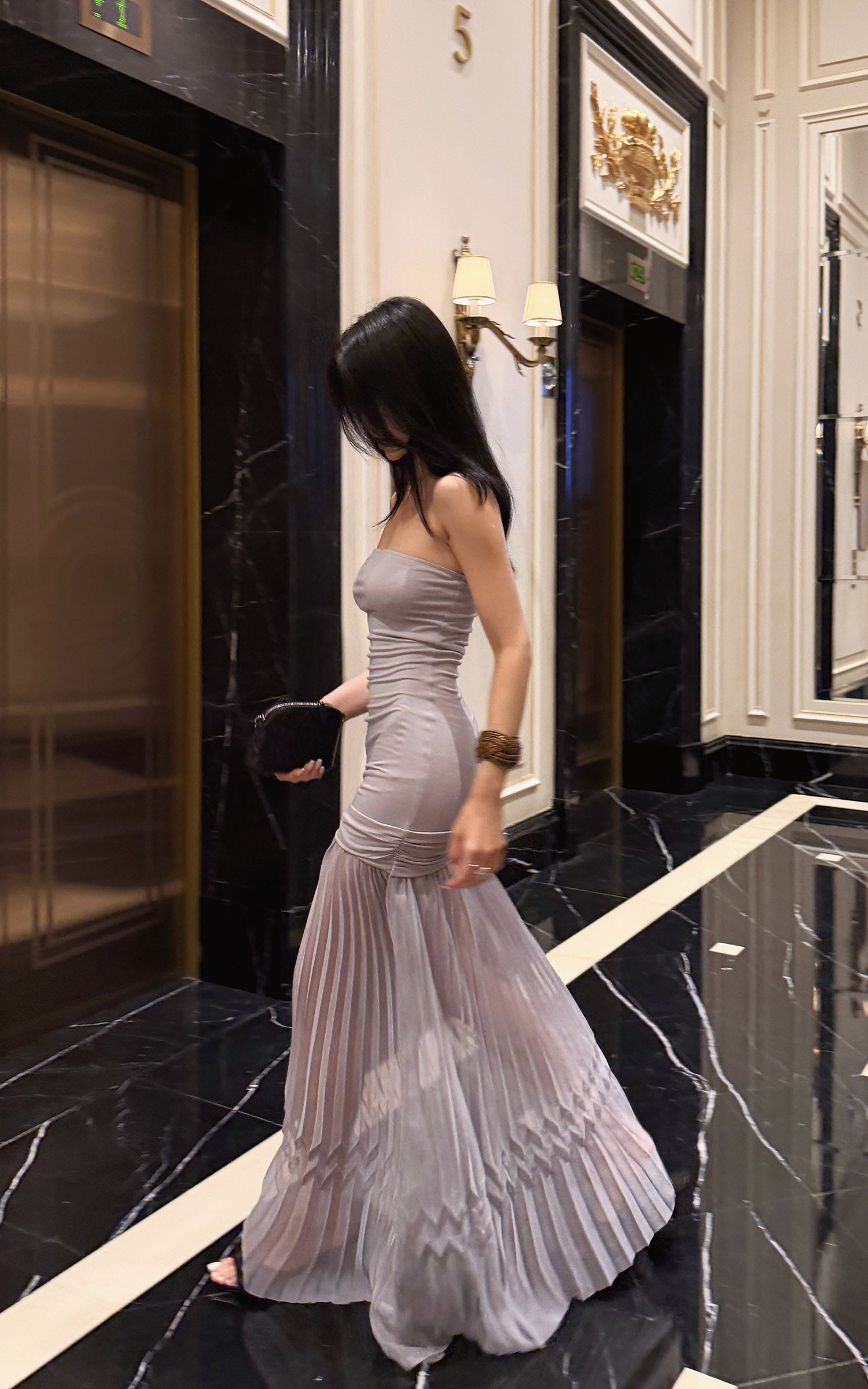 Hydrae Strapless Ruched Pleated Mesh Maxi Dress