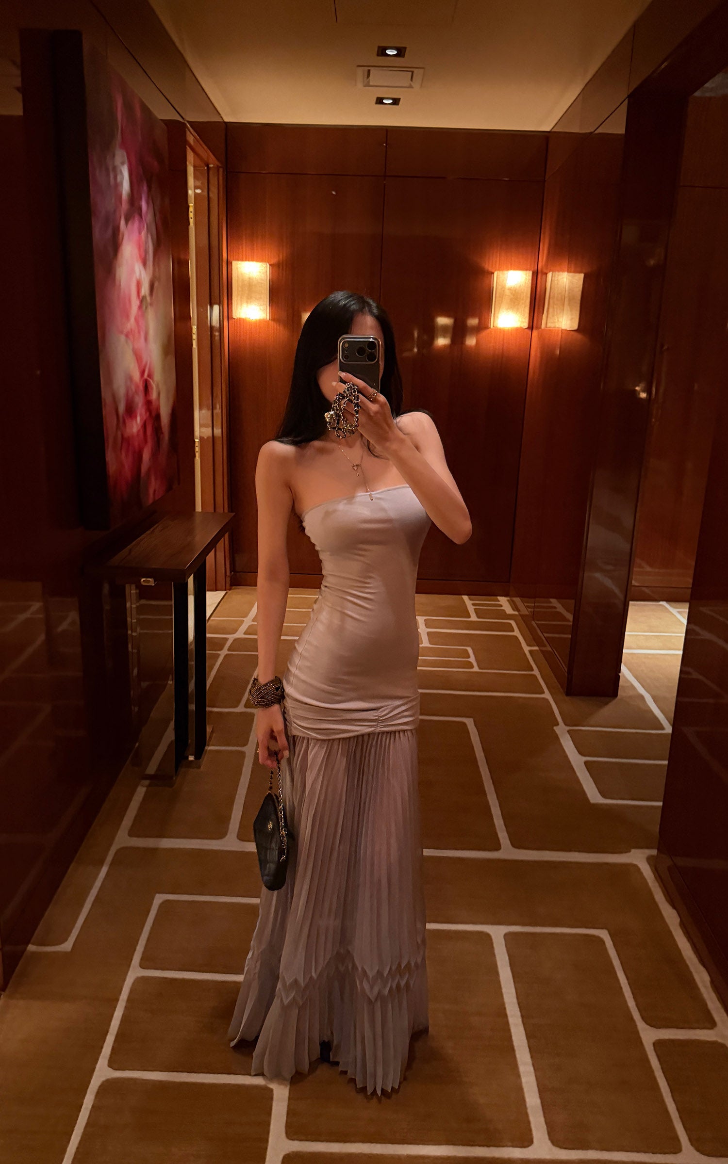 Hydrae Strapless Ruched Pleated Mesh Maxi Dress