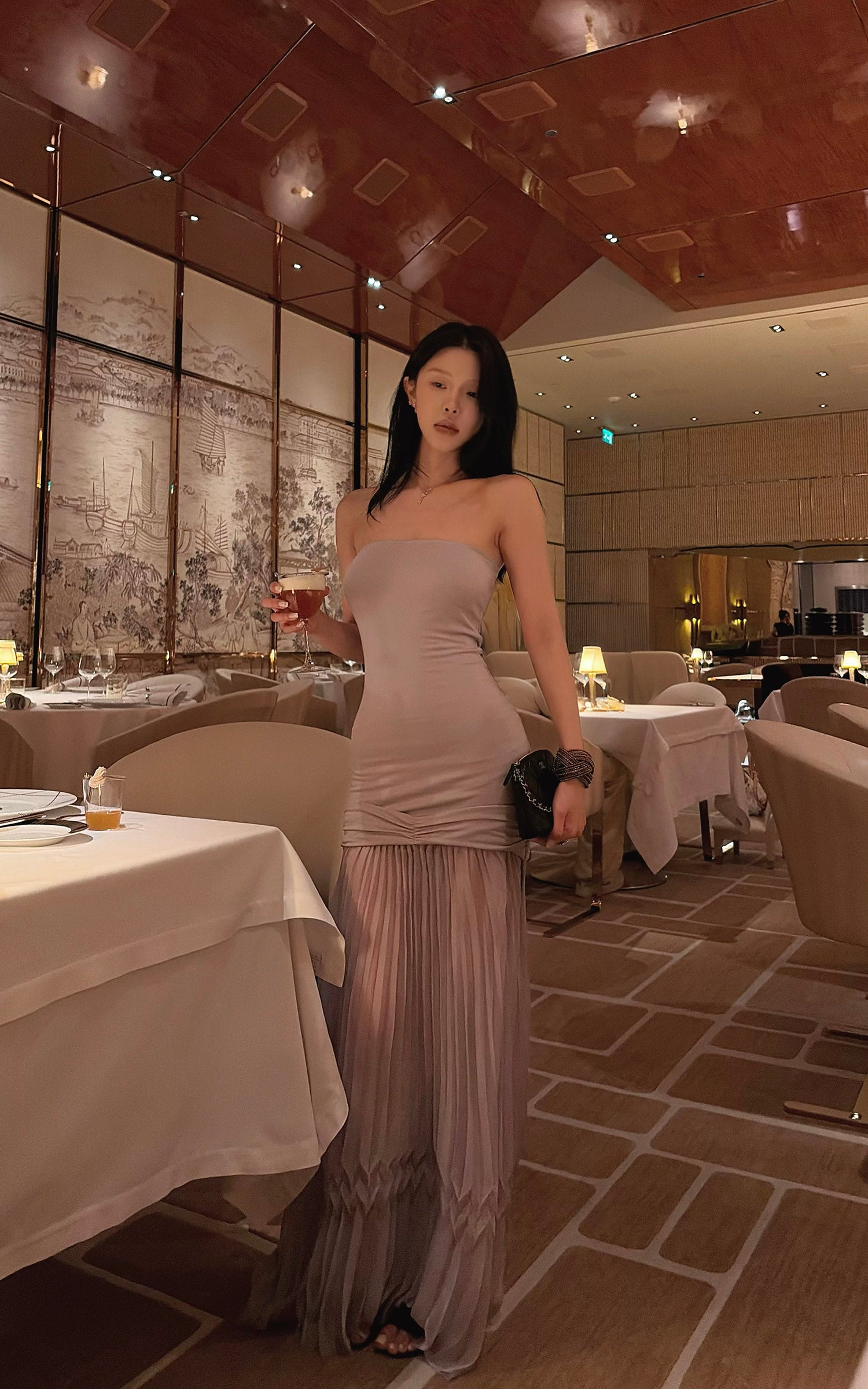 Hydrae Strapless Ruched Pleated Mesh Maxi Dress