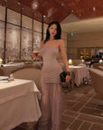 Hydrae Strapless Ruched Pleated Mesh Maxi Dress