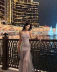 Hydrae Strapless Ruched Pleated Mesh Maxi Dress