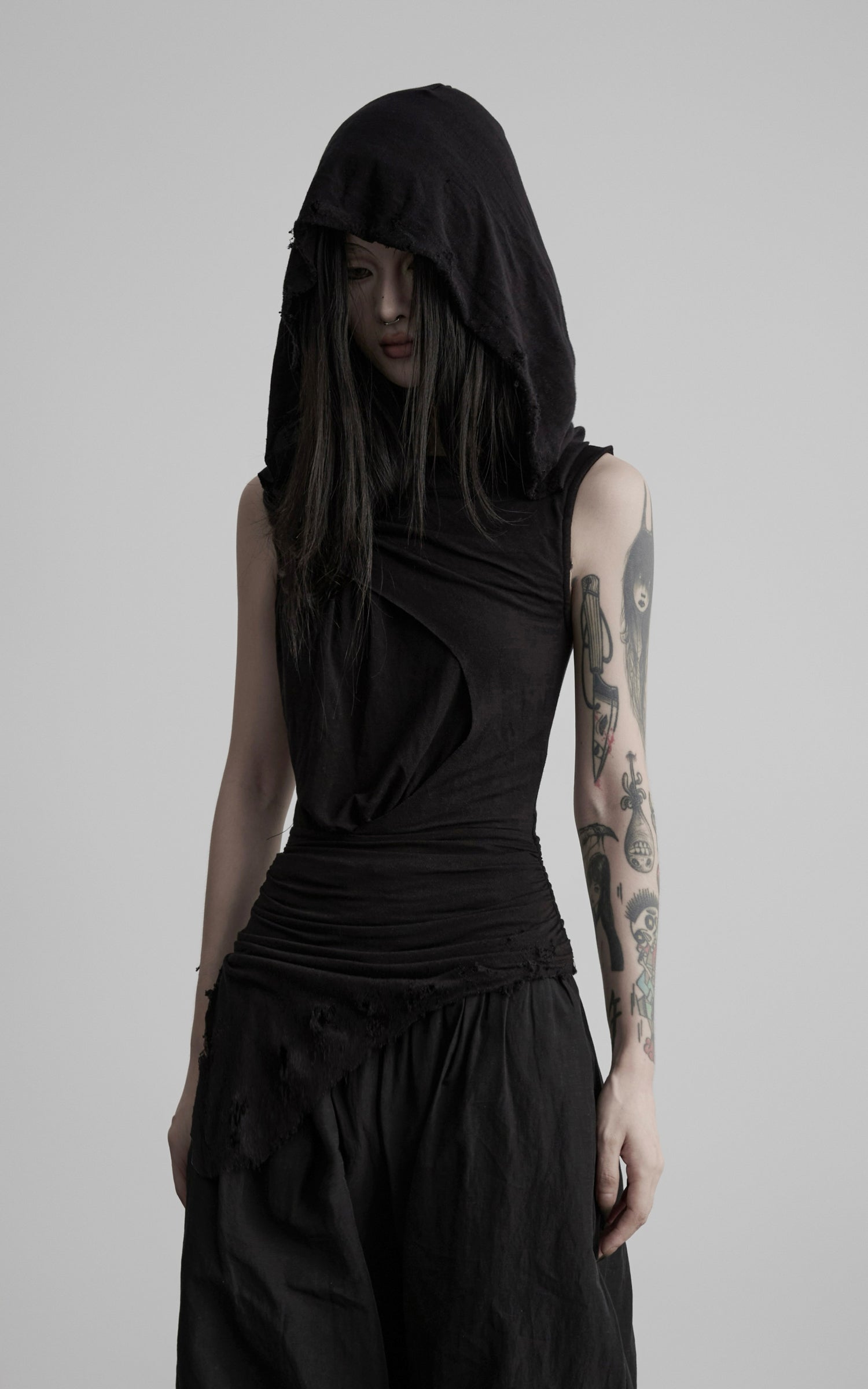 DOINDULGE Hooded Draped Sleeveless Knit Top