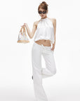 IAMXIAA Pantalon large à cordon taille basse