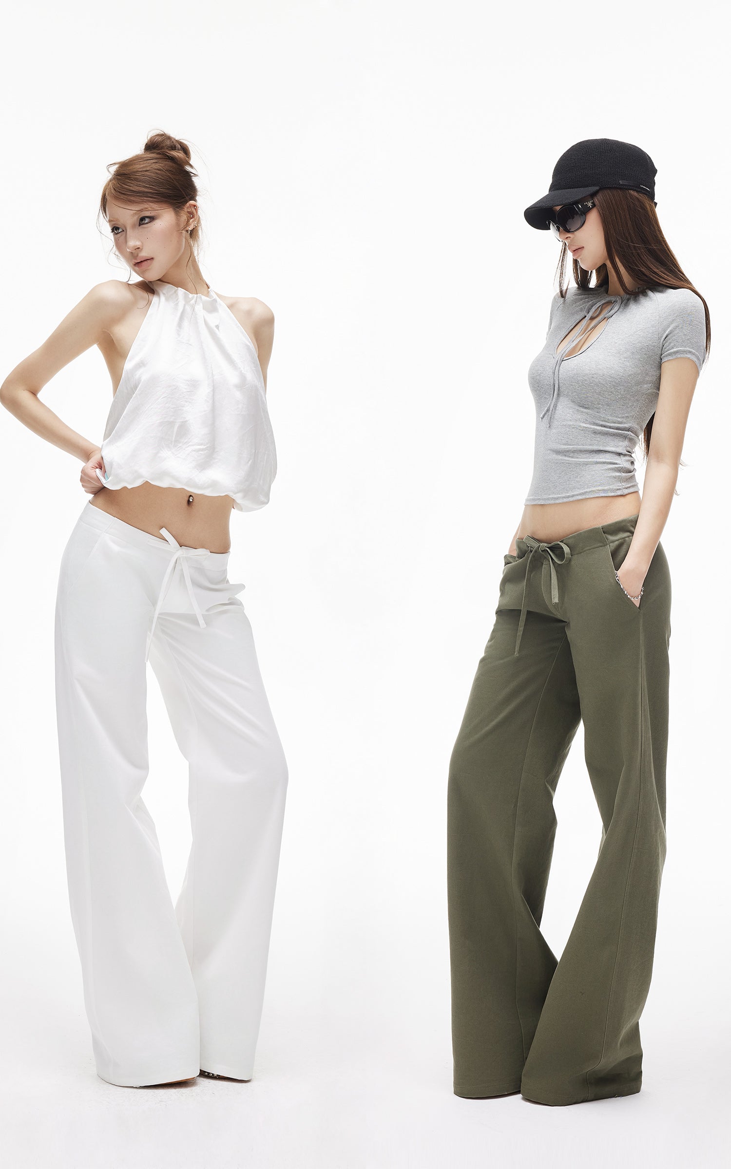 IAMXIAA Pantalon large à cordon taille basse