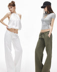 IAMXIAA Pantalon large à cordon taille basse