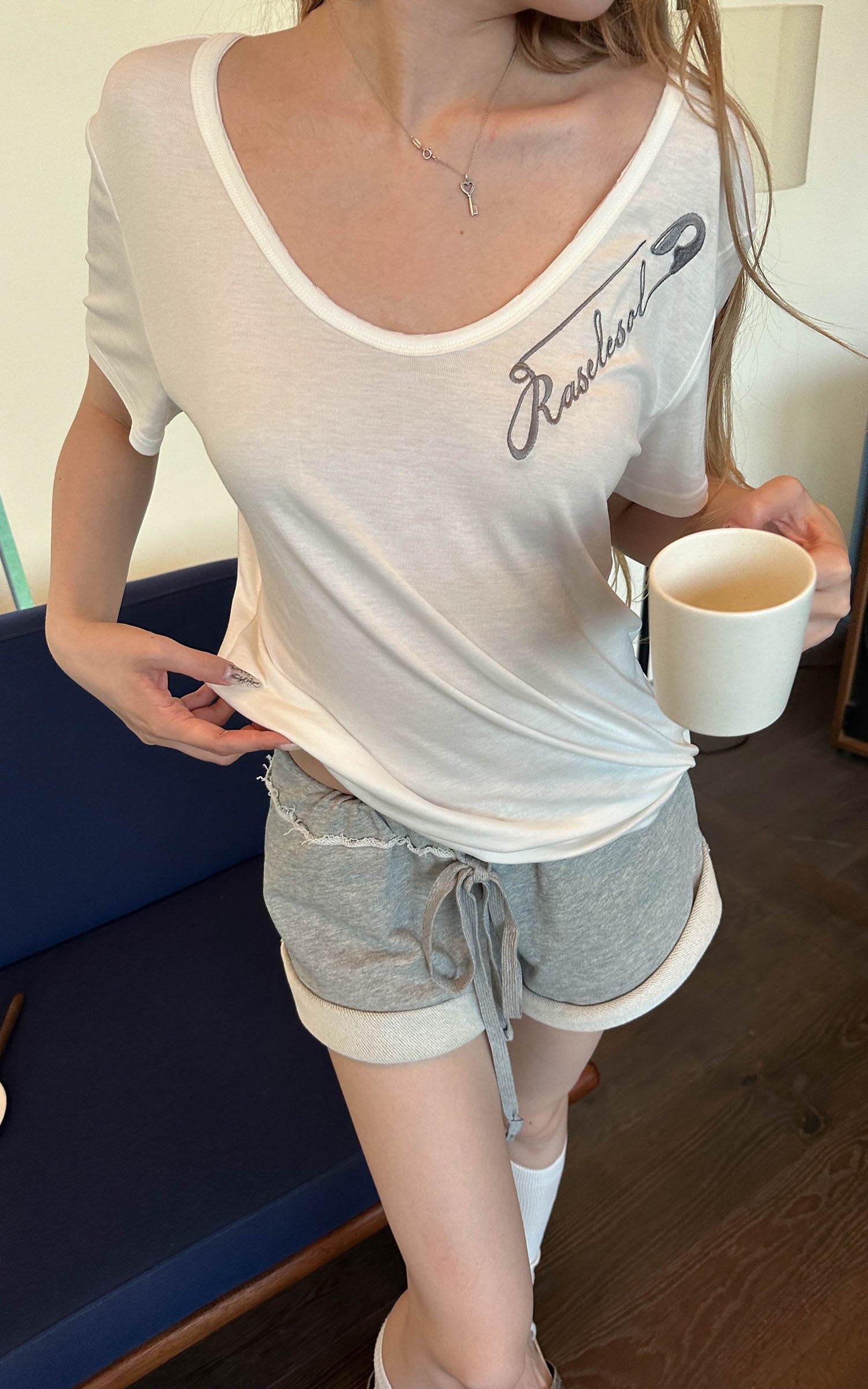 Rase le sol Safety Pin Graphic Relaxed T-Shirt &amp; Terry Shorts Set