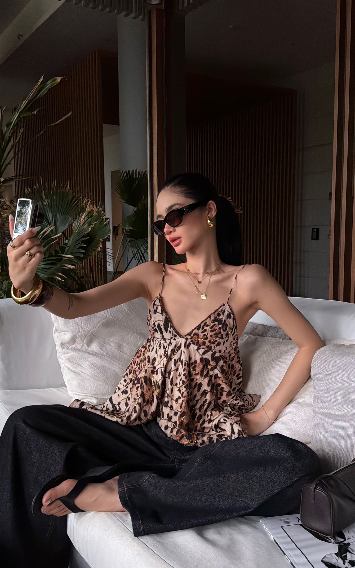ROVENTE Leopard Beaded Handkerchief Camisole Top