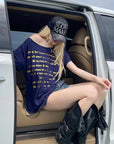 Rase le sol Navy Oversized Graphic T-Shirt with Gold Print