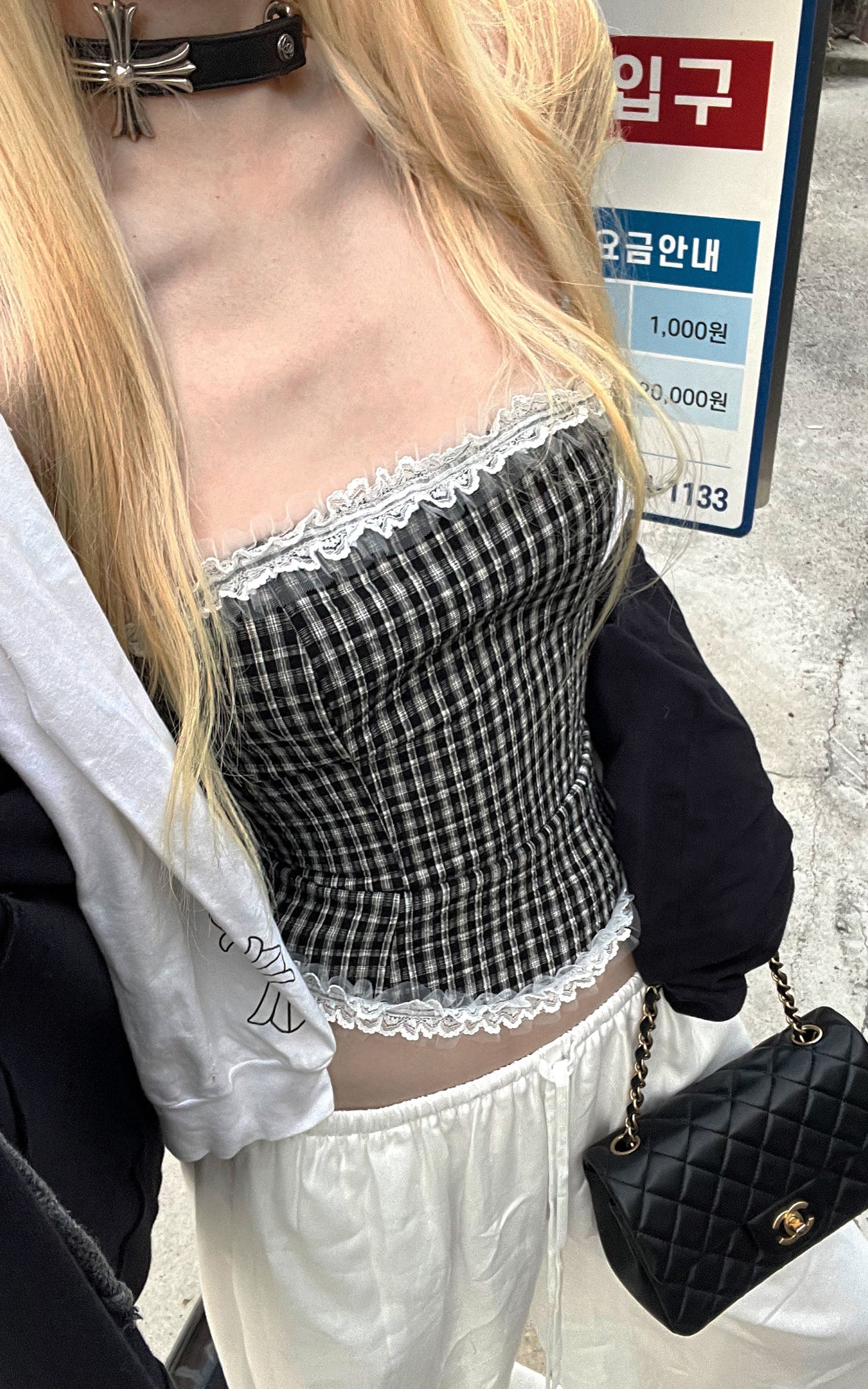 Rase le sol Black &amp; White Gingham Structured Strapless Corset Top