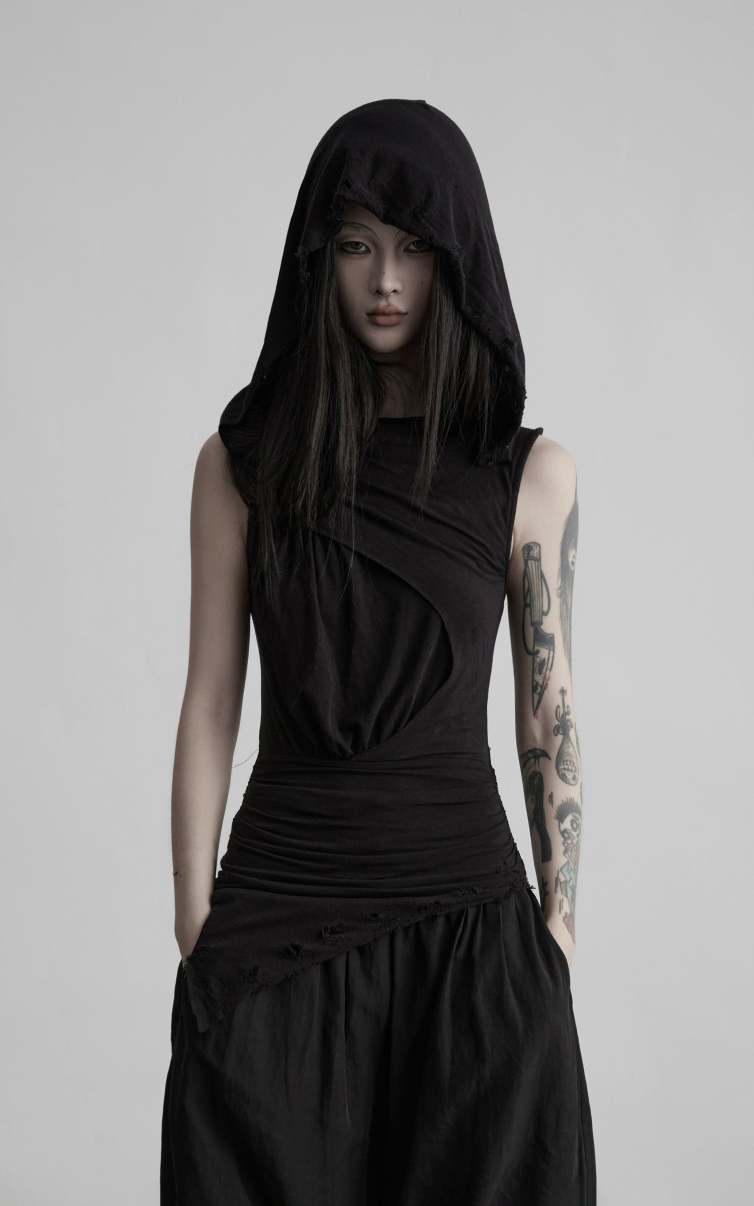 DOINDULGE Hooded Draped Sleeveless Knit Top