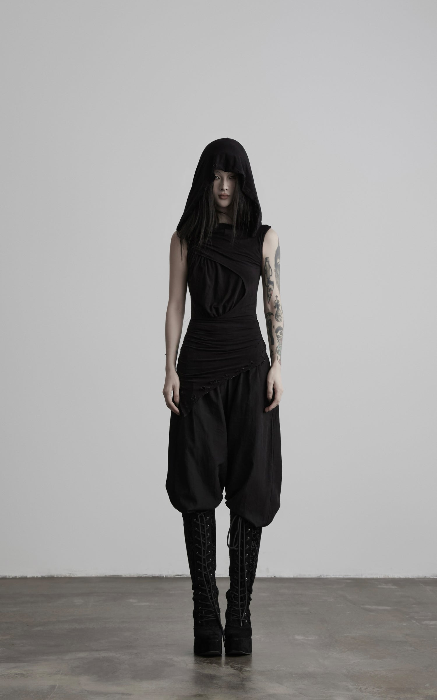 DOINDULGE Hooded Draped Sleeveless Knit Top