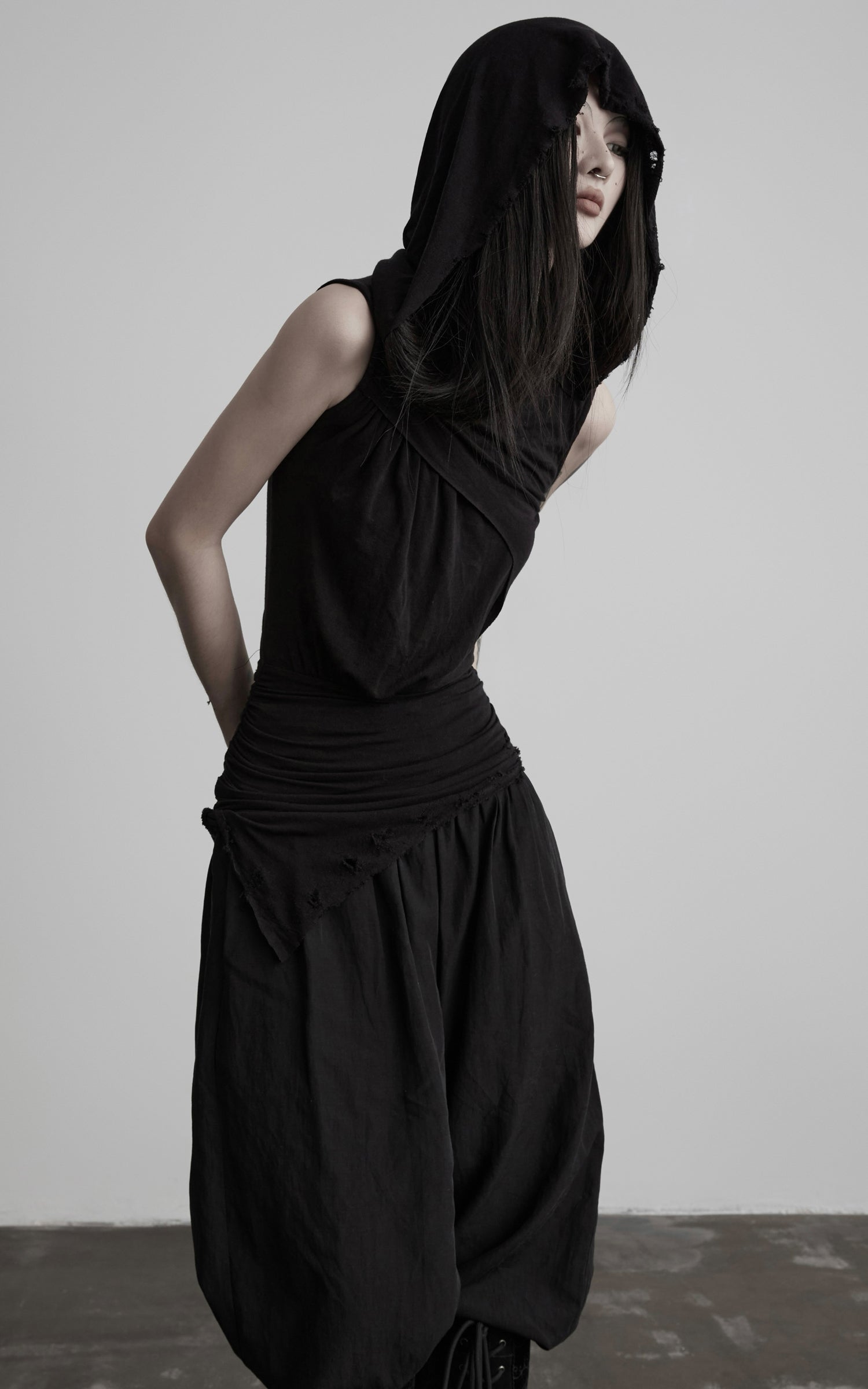 DOINDULGE Hooded Draped Sleeveless Knit Top