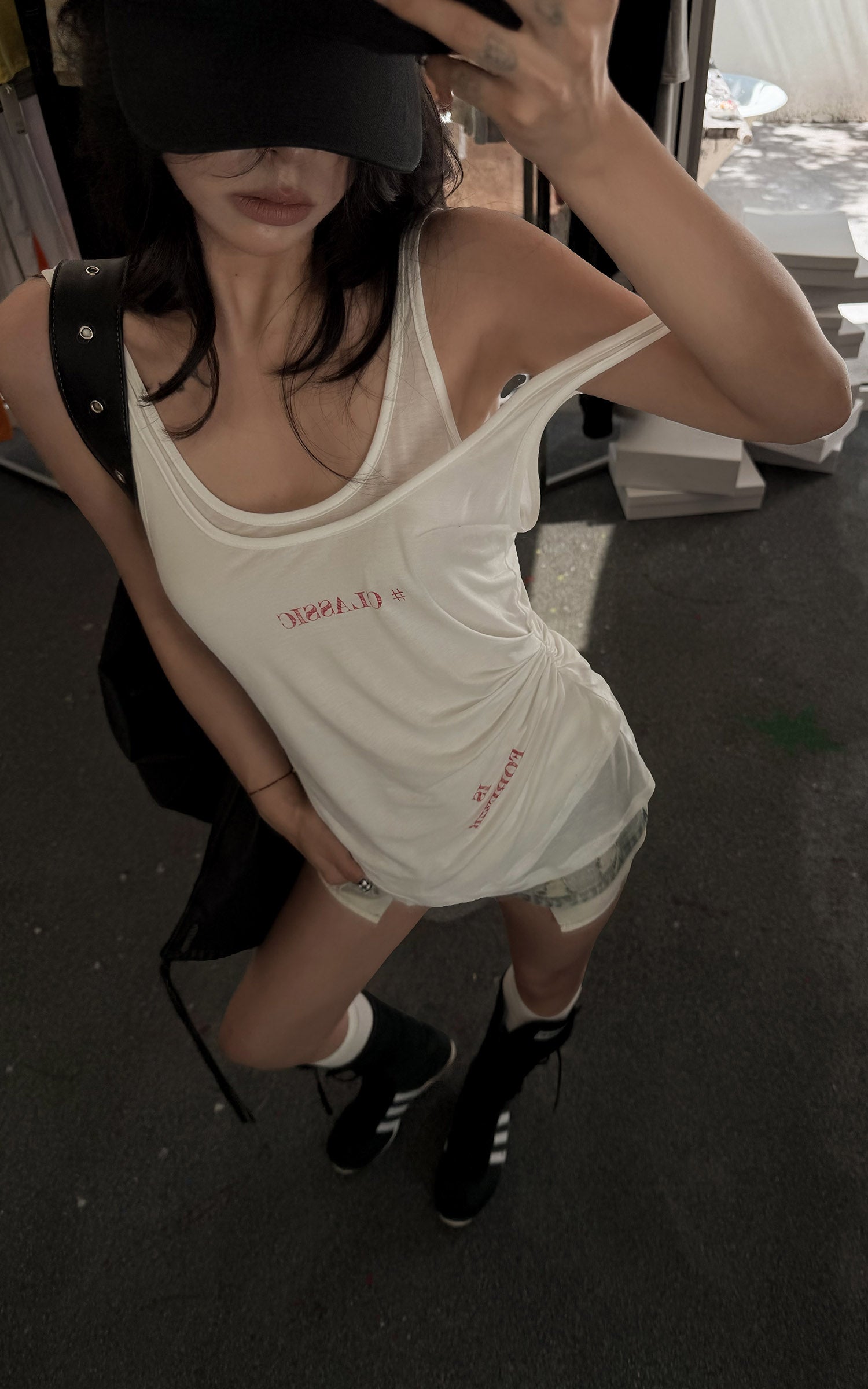 WARDEN EDGE Cherry Sundae Graphic Tee, Ruched Tank Top &amp; Foldover Denim Micro Shorts Set
