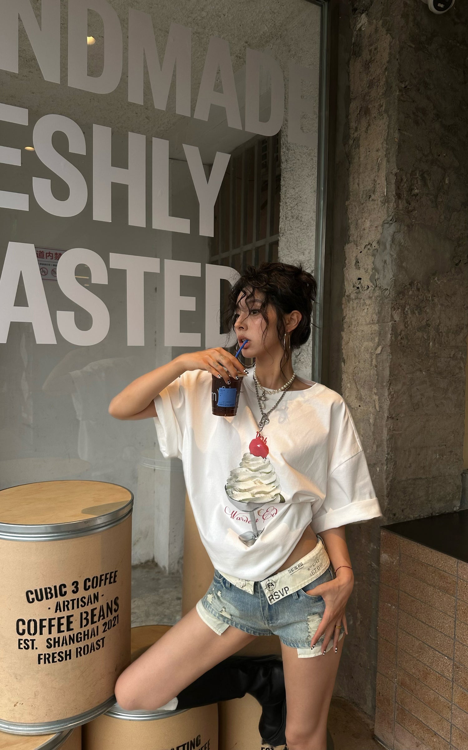 WARDEN EDGE Cherry Sundae Graphic Oversized T-Shirt
