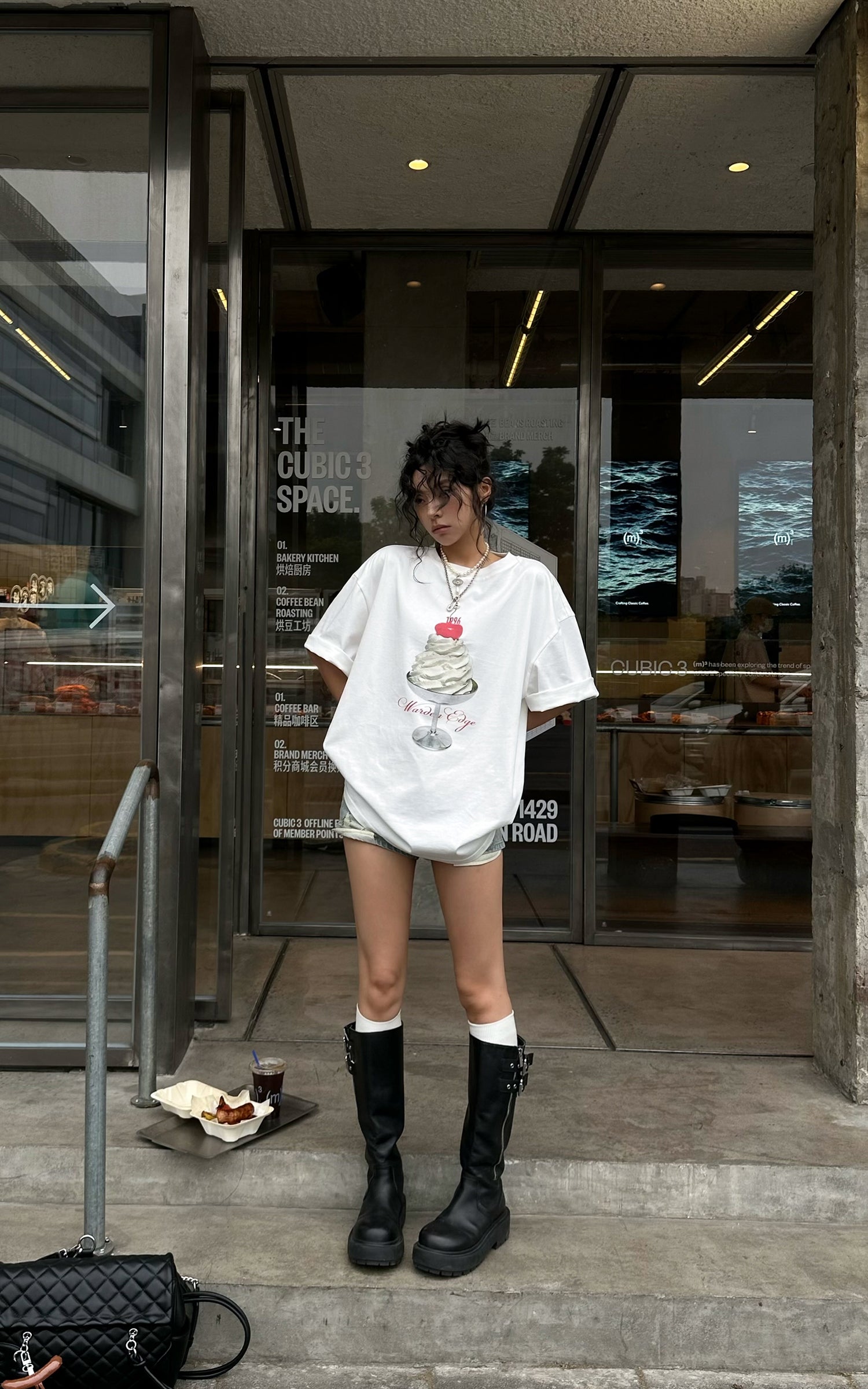 WARDEN EDGE Cherry Sundae Graphic Tee, Ruched Tank Top &amp; Foldover Denim Micro Shorts Set