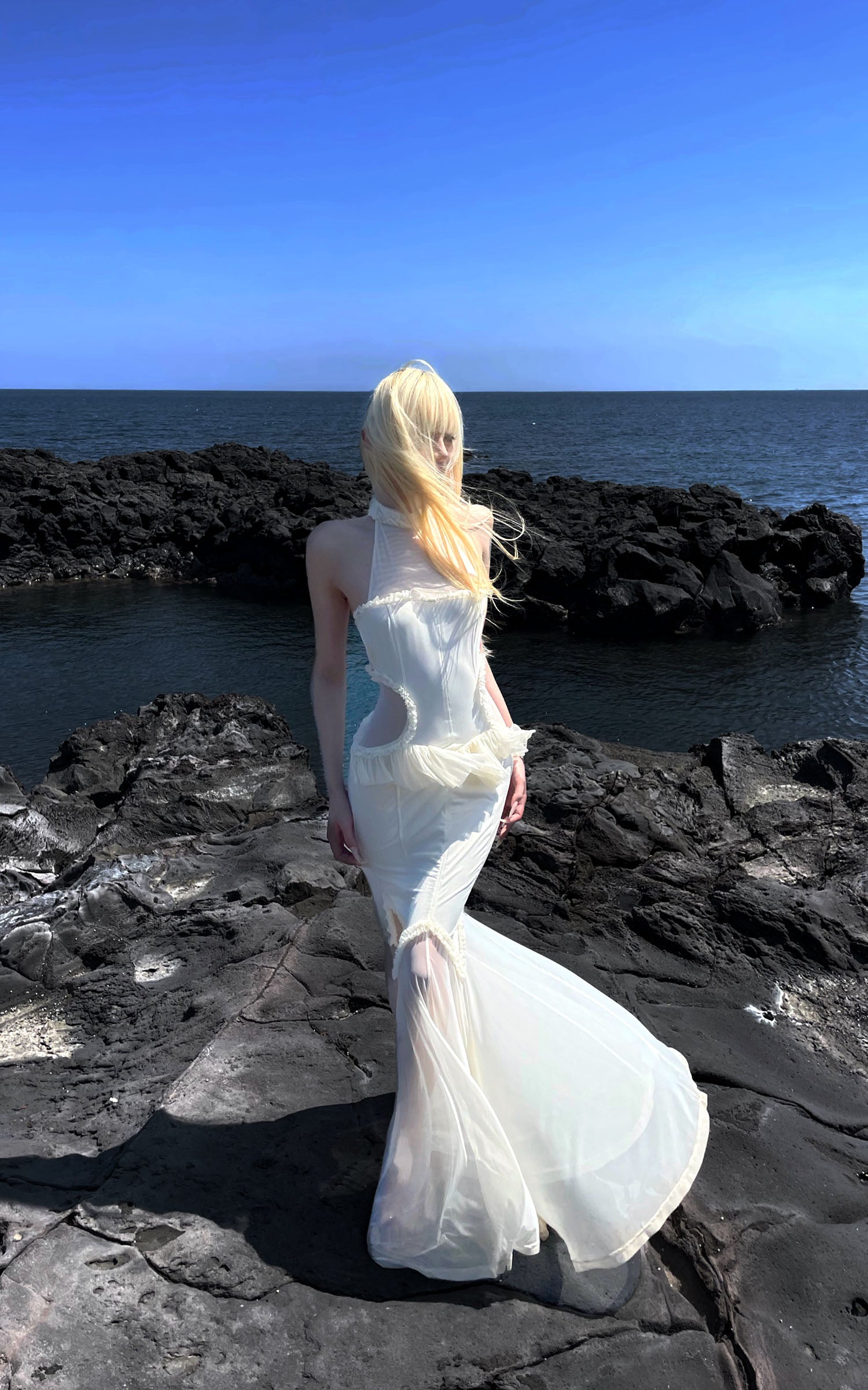 RASE LE SOL Ruffled Open-Waist Mermaid Dress