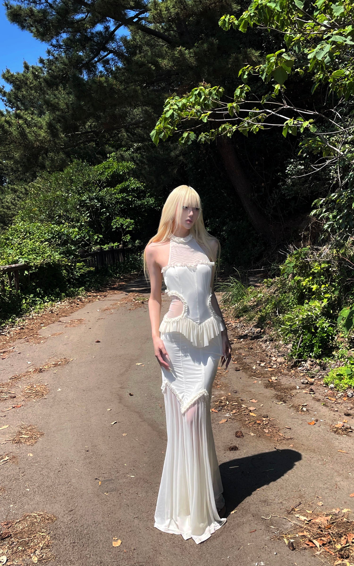 RASE LE SOL Ruffled Open-Waist Mermaid Dress