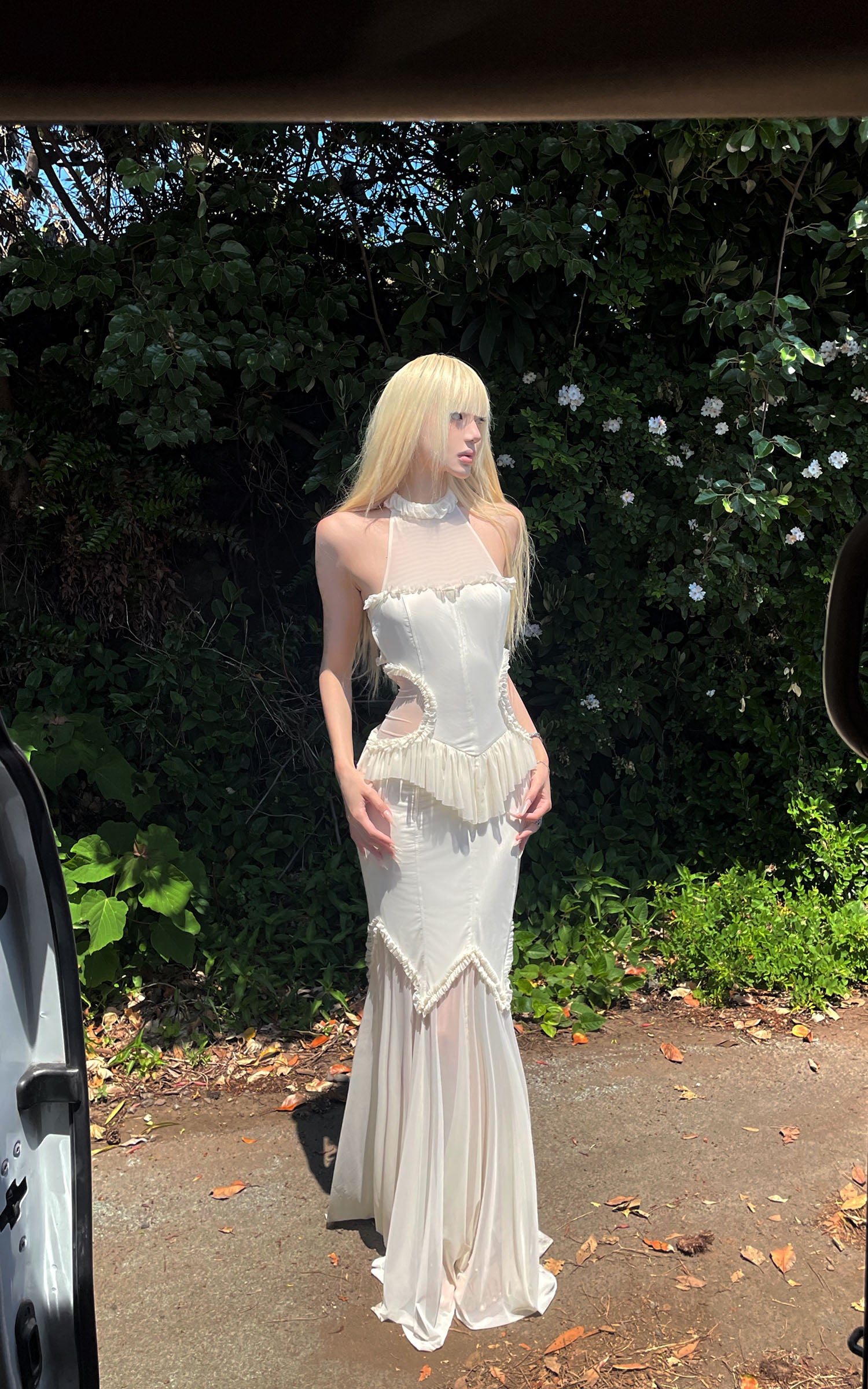 RASE LE SOL Ruffled Open-Waist Mermaid Dress