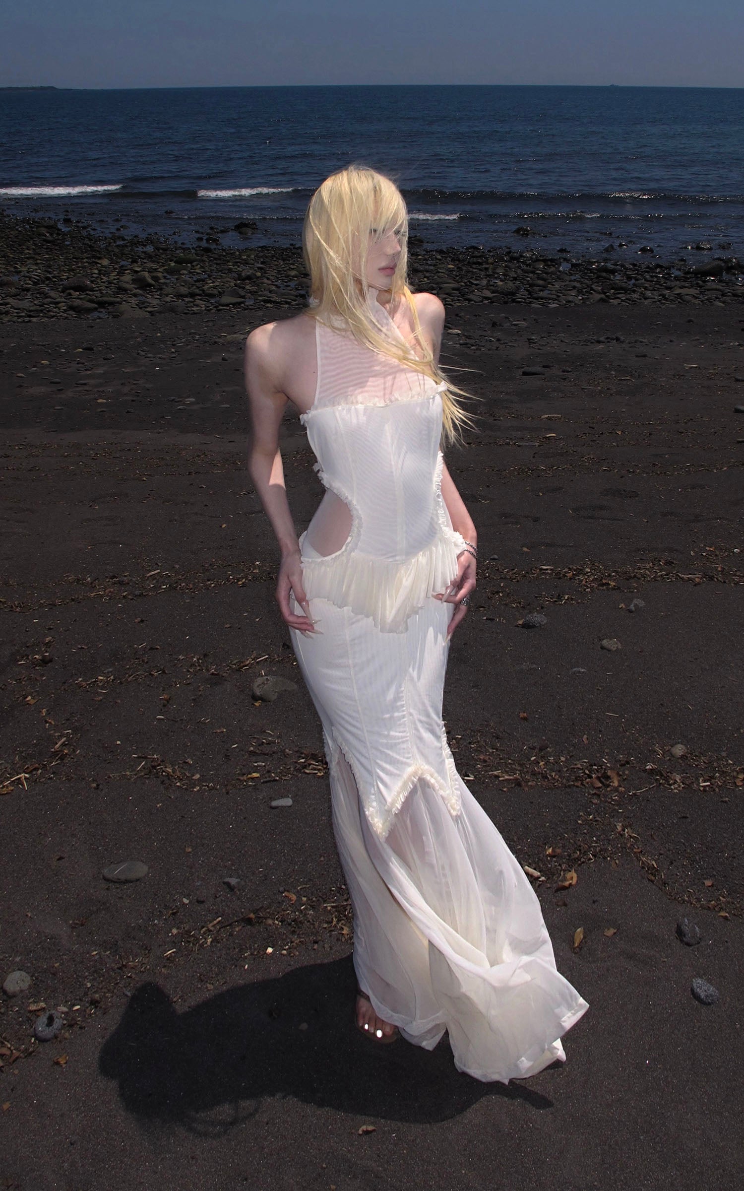 RASE LE SOL Ruffled Open-Waist Mermaid Dress