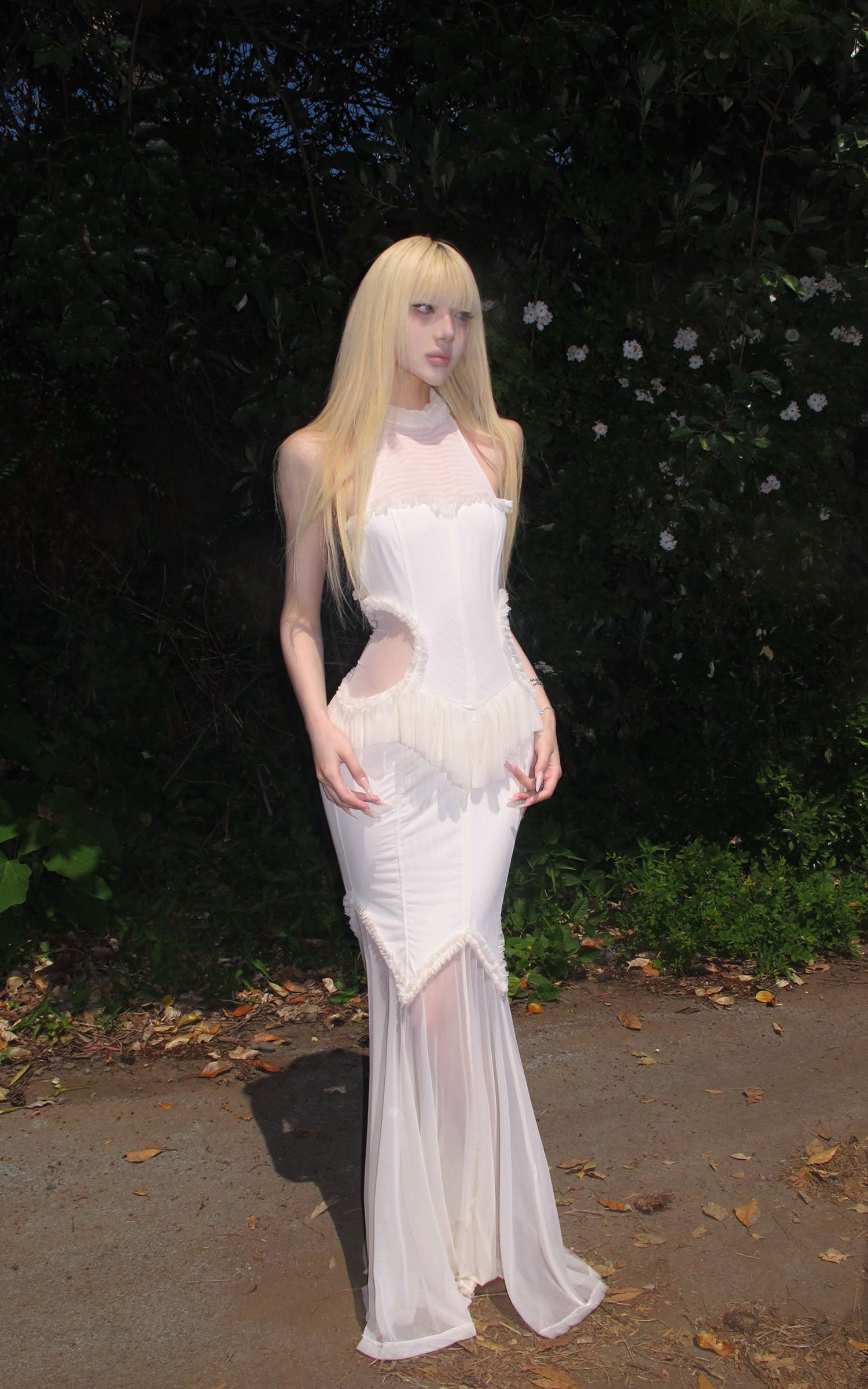 RASE LE SOL Ruffled Open-Waist Mermaid Dress