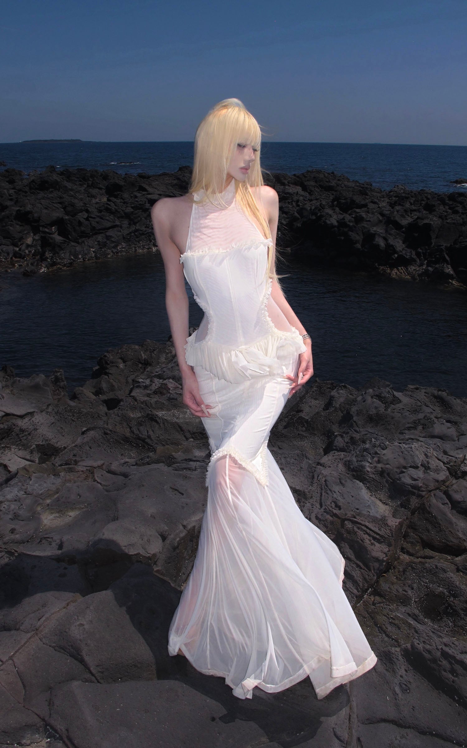 RASE LE SOL Ruffled Open-Waist Mermaid Dress